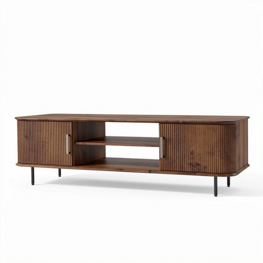 Wooden TV stand with storage and open shelves in walnut finish 150 x 40 x 50cm