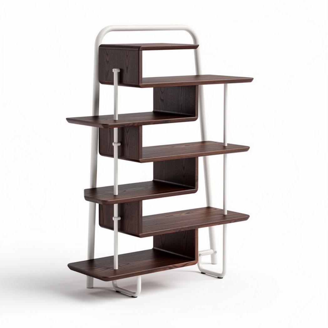 Wooden bookshelf with five tiers and metal frame in brown and white 160 x 80 x 30cm