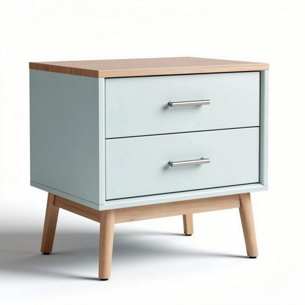 Light blue wooden nightstand with two drawers and natural wood top 40 x 40 x 50cm