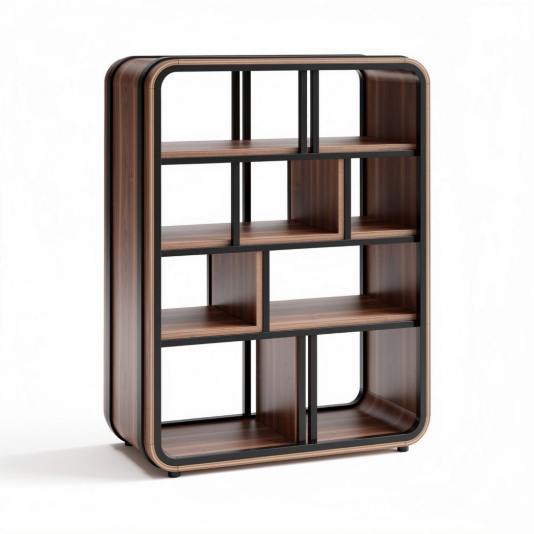 Wooden bookshelf with geometric design and metal frame 90 x 30 x 120cm