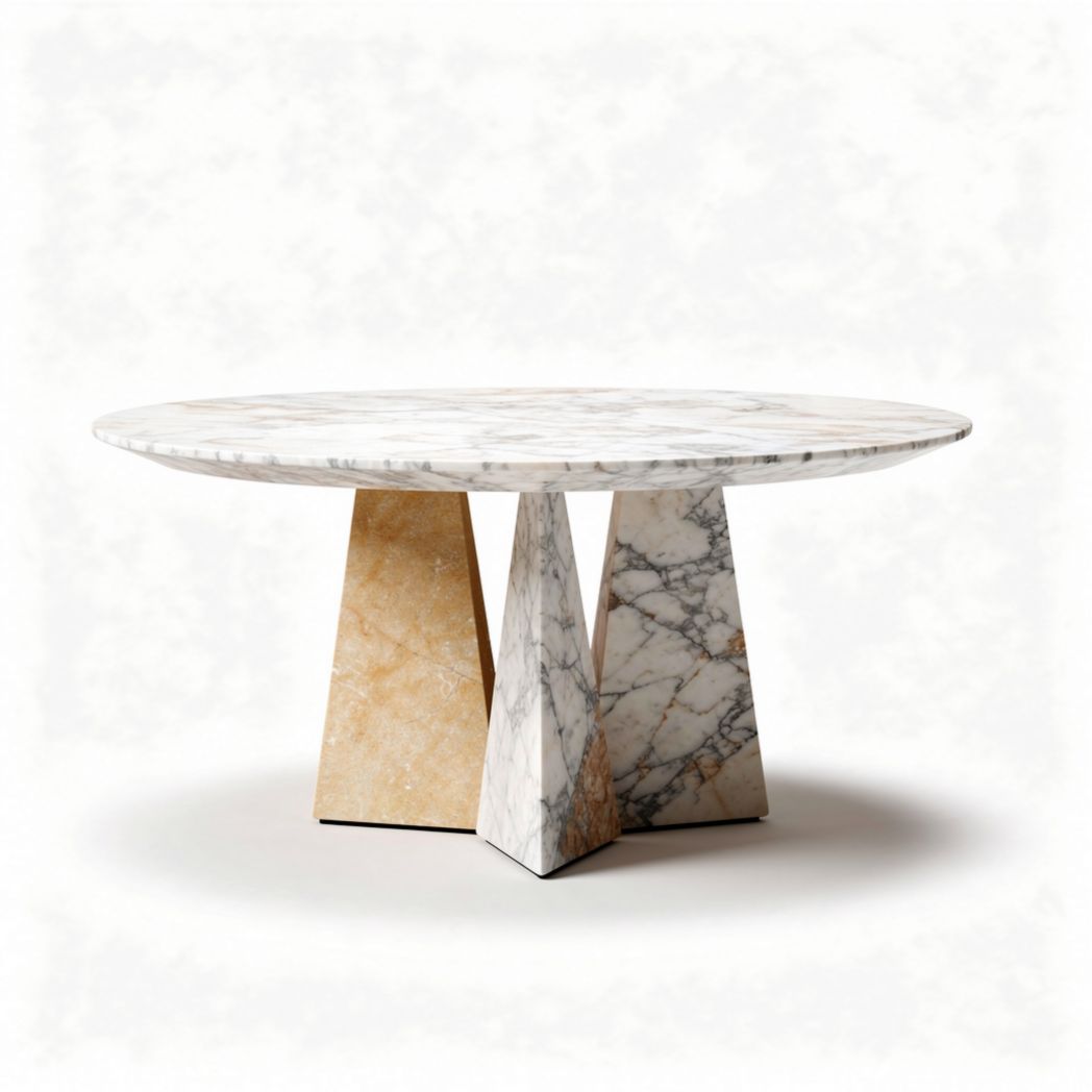 Marble dining table with geometric base in natural tones 100 x 100 x 75cm
