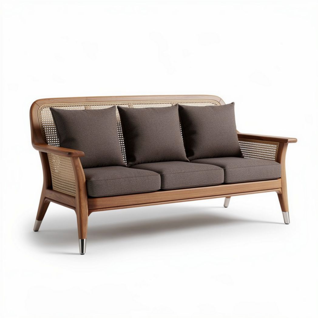 Natural wood frame three-seater sofa with dark grey cushions and rattan accents