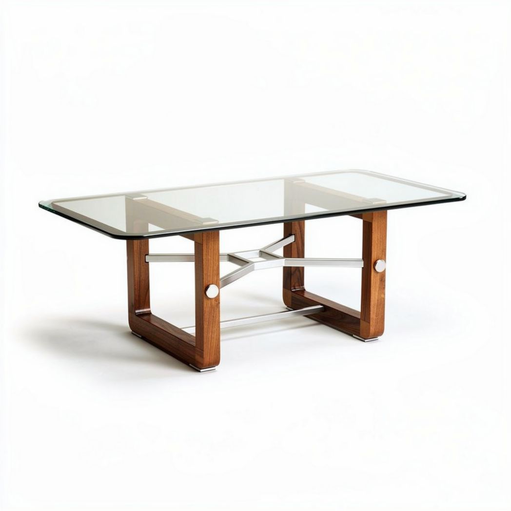 Glass top coffee table with wooden frame and stainless steel accents 120 x 60 x 45cm