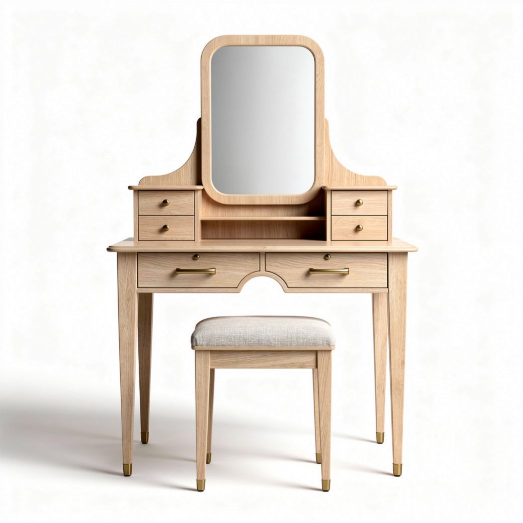 Vanity desk with mirror and stool in natural wood finish 90 x 40 x 140cm
