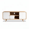 Modern wooden media console with white cabinet doors and open shelves 120 x 40 x 60cm