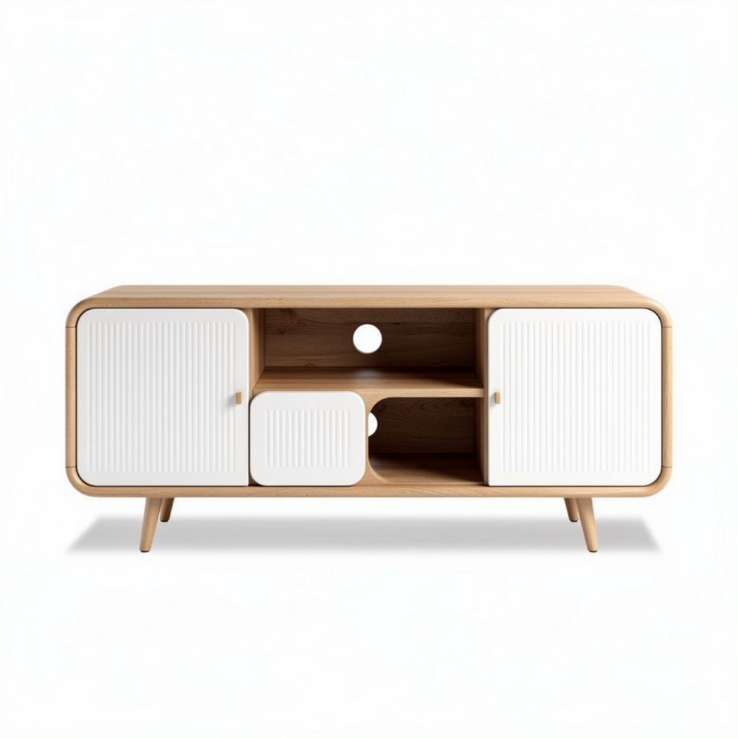 Modern wooden media console with white cabinet doors and open shelves 120 x 40 x 60cm