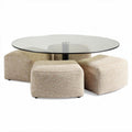 Glass top coffee table with four fabric poufs in neutral beige color 80 x 80 x 40cm