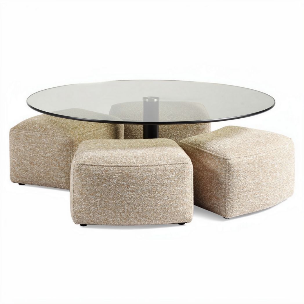 Glass top coffee table with four fabric poufs in neutral beige color 80 x 80 x 40cm