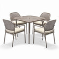 Square outdoor dining table set with four woven chairs in taupe color 80 x 80 x 75cm