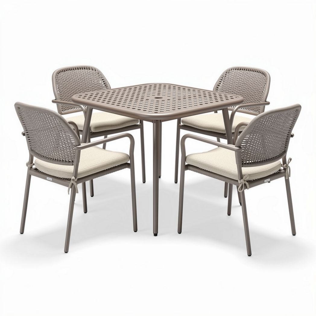 Square outdoor dining table set with four woven chairs in taupe color 80 x 80 x 75cm